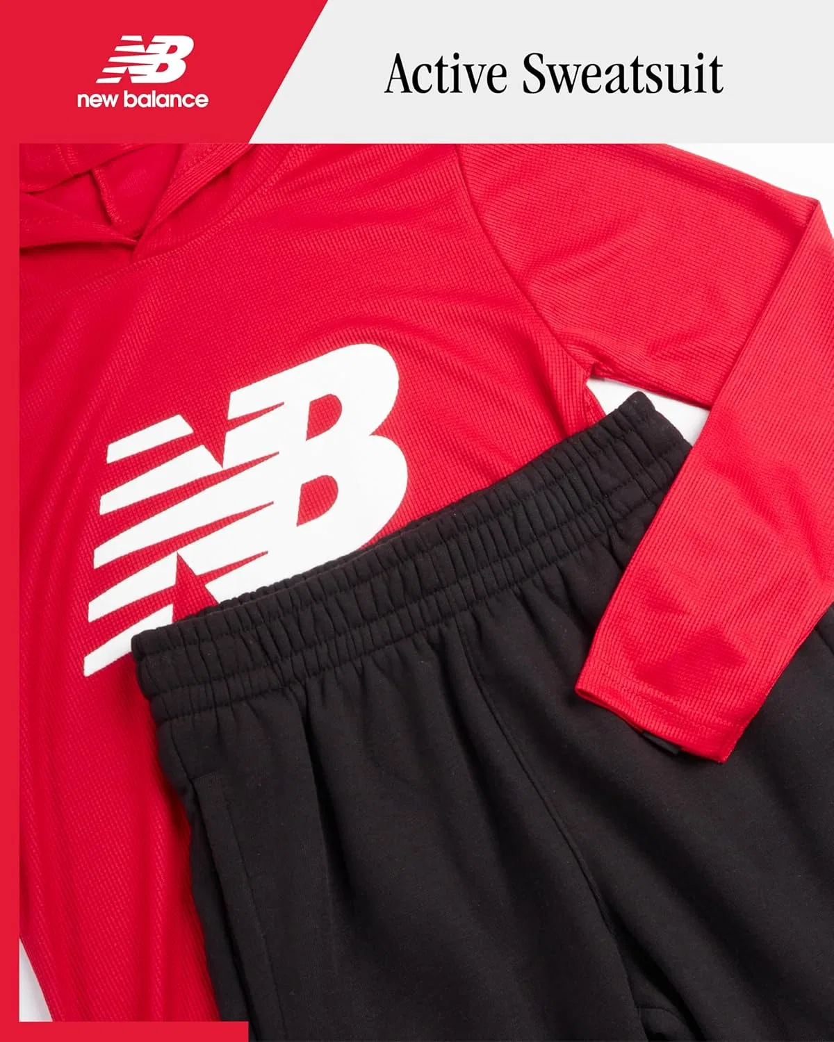 Детский спортивный костюм из 2 предметов, трикотажный худи и джоггеры, New Balance, красный/черный — фото 2