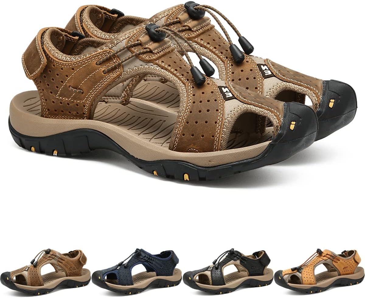 

Мужские кожаные сандалии для треккинга и вождения, повседневная спортивная обувь для пляжа, с закрытым носком, удобные, легкие, водонепроницаемые сандалии для лета и активного отдыха на улице Generic, хаки