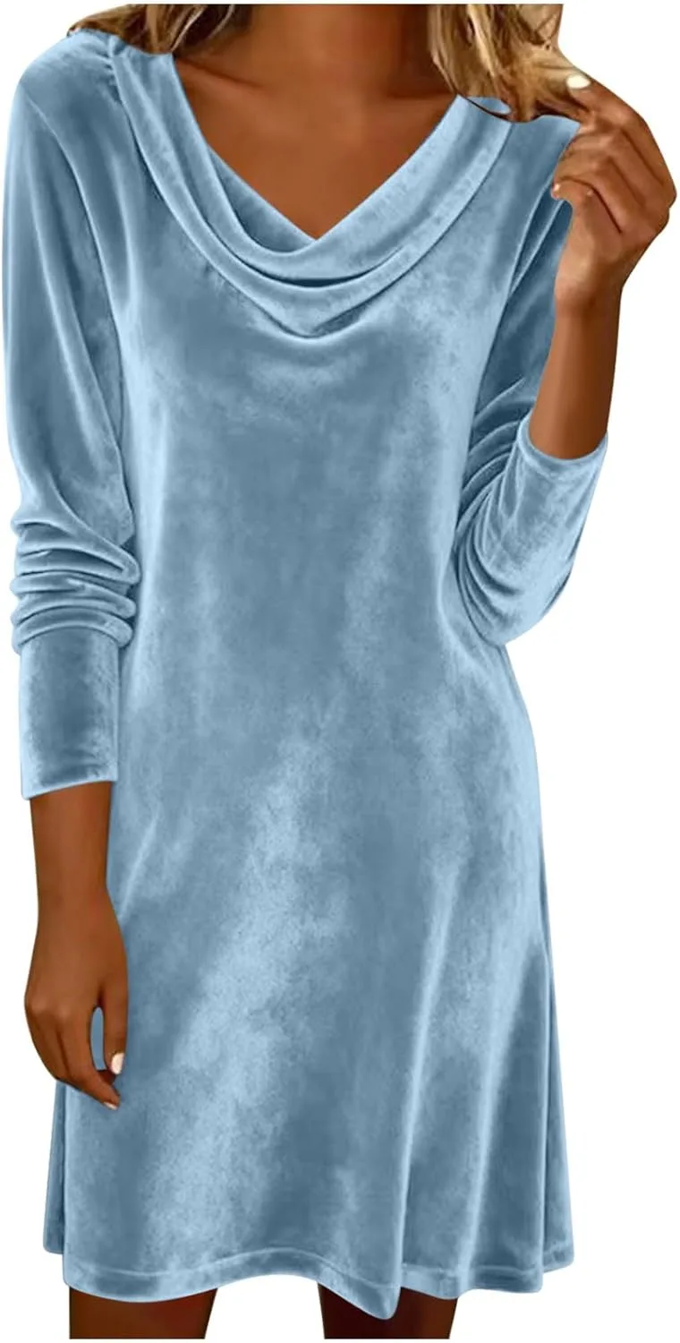 Бархатное платье с воротником-хомутом для женщин, с длинными рукавами, однотонное, свободного кроя, модное, удобное для весны и осени Generic, синий