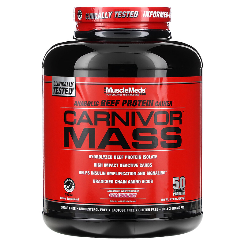 

MuscleMeds, Carnivor Mass, анаболический гейнер с говяжьим протеином, клубничный вкус, 2698 г (5,79 фунта)