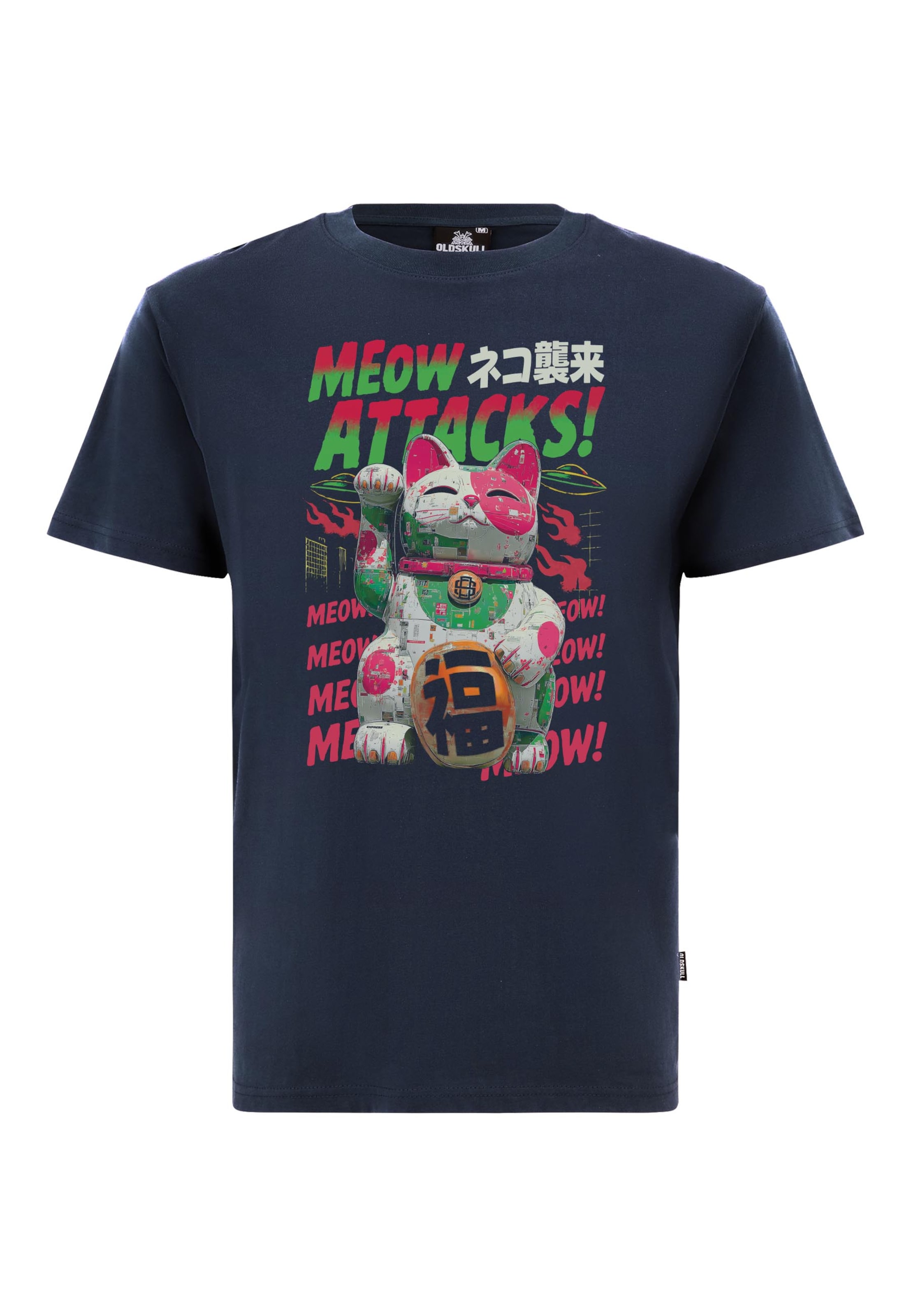 

Oldskull Футболка 'Asian Lucky Cat Attack Graphic' в темно-синем цвете