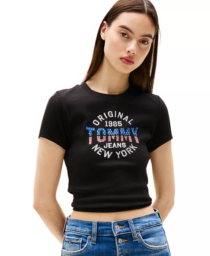 

Женская облегающая футболка с рубчиком и принтом Americana Tommy Jeans, черный