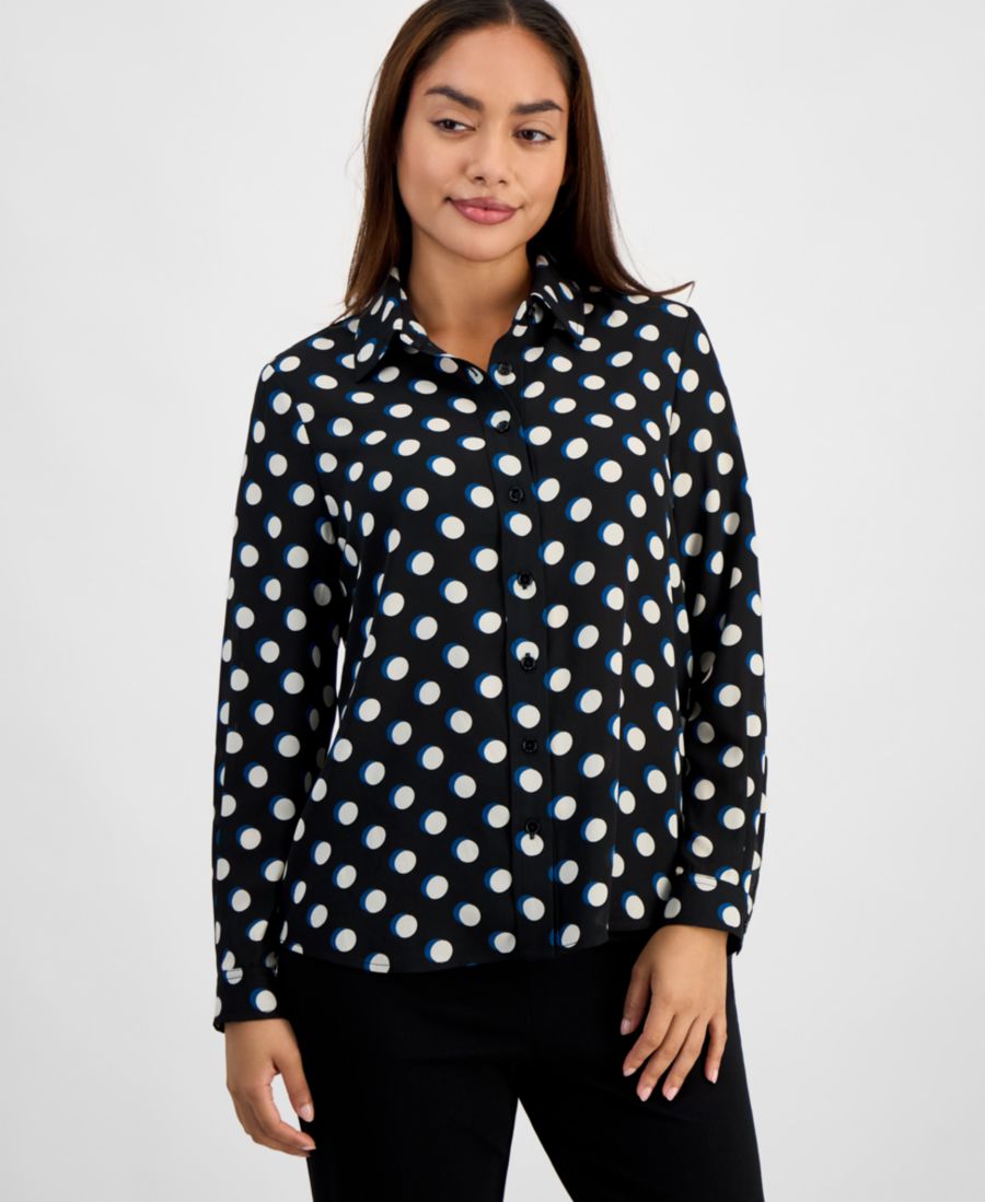 

Укороченная рубашка с длинными рукавами и пуговицами, в горошек AK Anne Klein, Anne Black Multi