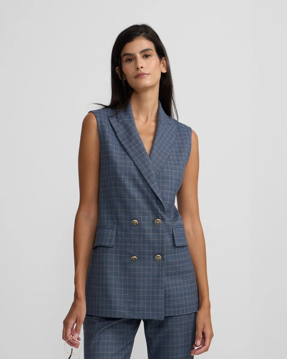 

Женский длинный жилет в клетку синего цвета с перекрестной застежкой Silbon
