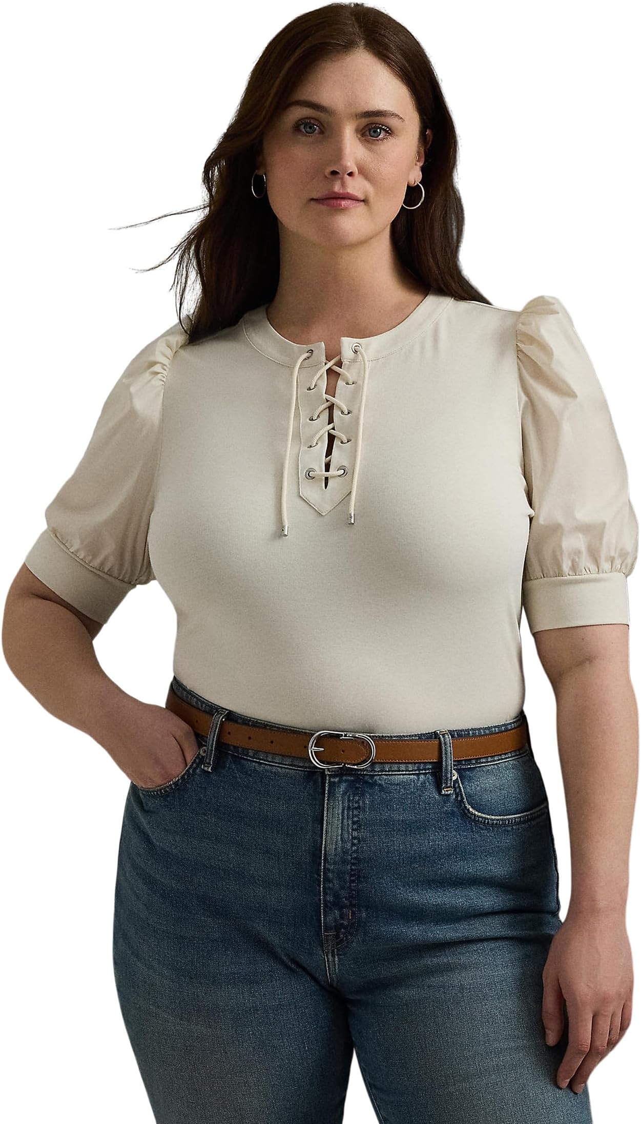 

Топ Lauren Ralph Lauren Plus Size Lace-Up Stretch Cotton Puff-Sleeve Top, цвет Mascarpone Cream