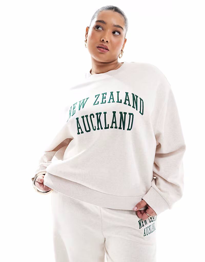 

Толстовка с вышитым принтом Auckland от ASOS DESIGN Curve в меланжевом цвете