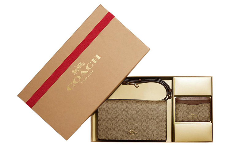 

COACH Женская сумка-кошелек Trumpets из парусины с кожаным держателем для карт, клатч, сумка через плечо, коричневая