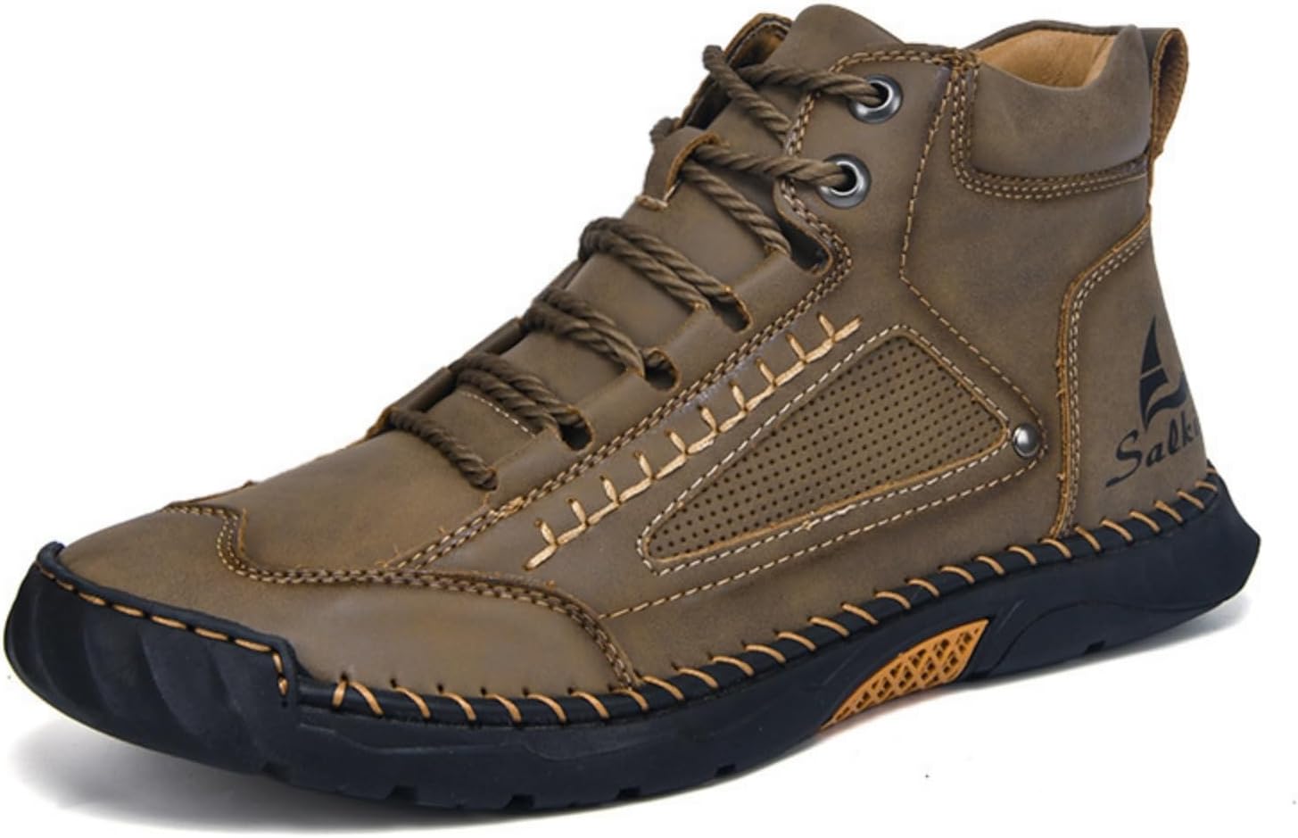 

Мужские кожаные ботинки Baiquwo с ручной строчкой, шнуровкой, плоской подошвой, средним голенищем, легкие, с округлым носком, противоскользящие, повседневные кроссовки для ходьбы, походов, вождения и ежедневной носки, хаки