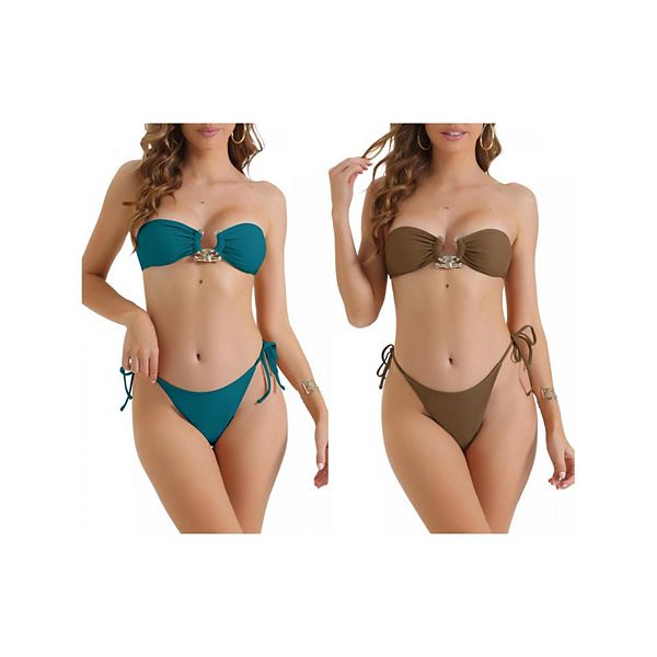 

2 комплекта женского металлического колье бандо бикини, 2 предмета с завязками по бокам и высоким вырезом Inspire Chic, Teal Brown