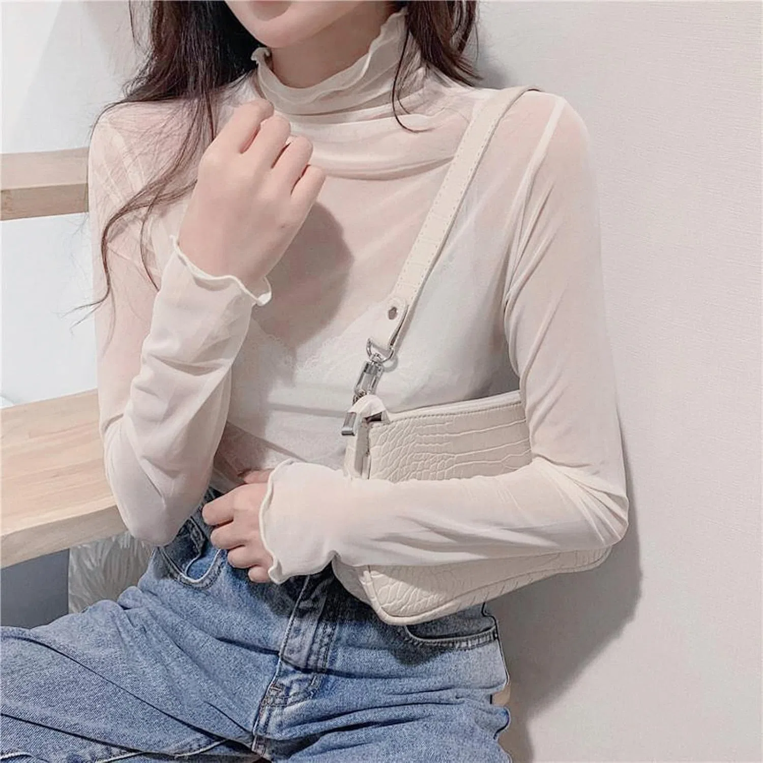 Блузка кружевная с высоким воротом See-through Top, белый — фото 3