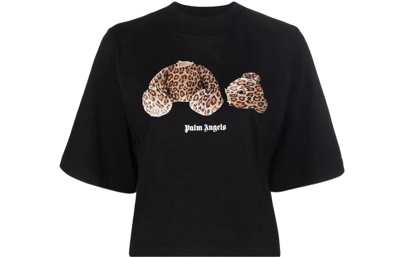 PALM ANGELS Женская футболка Leopard Bear кроп черная/коричневая — фото 3