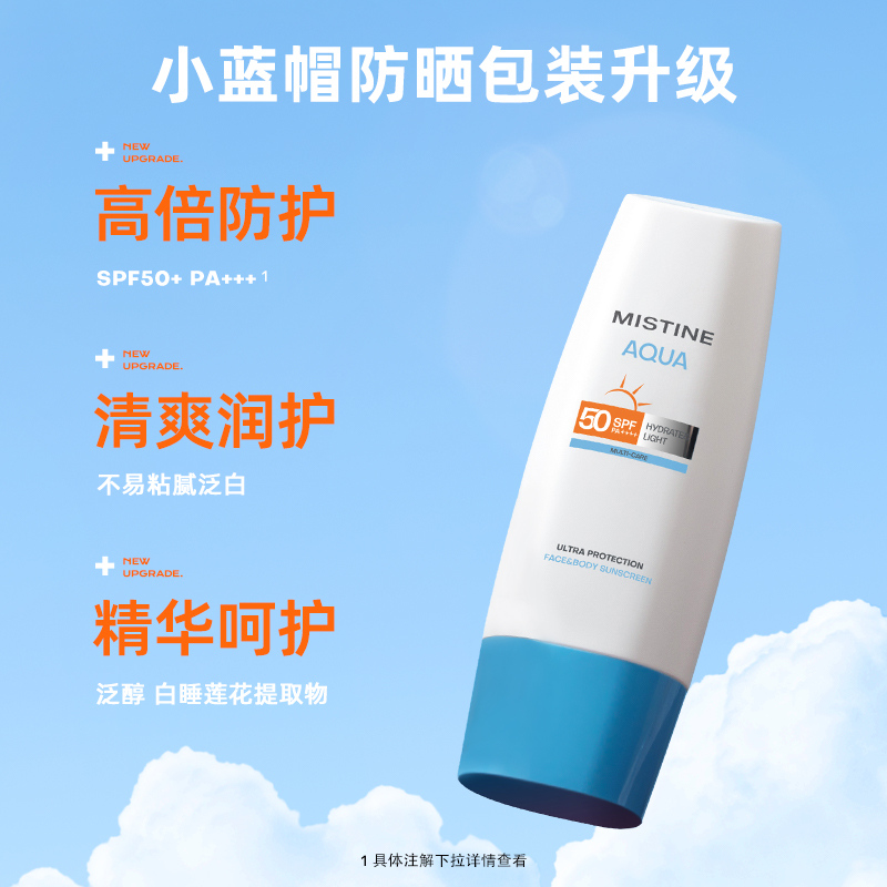 Набор солнцезащитных средств Mistine Aqua Base Ultra Protection SPF50+ (крем для лица + лосьон для тела), 40 мл + 70 мл — фото 4
