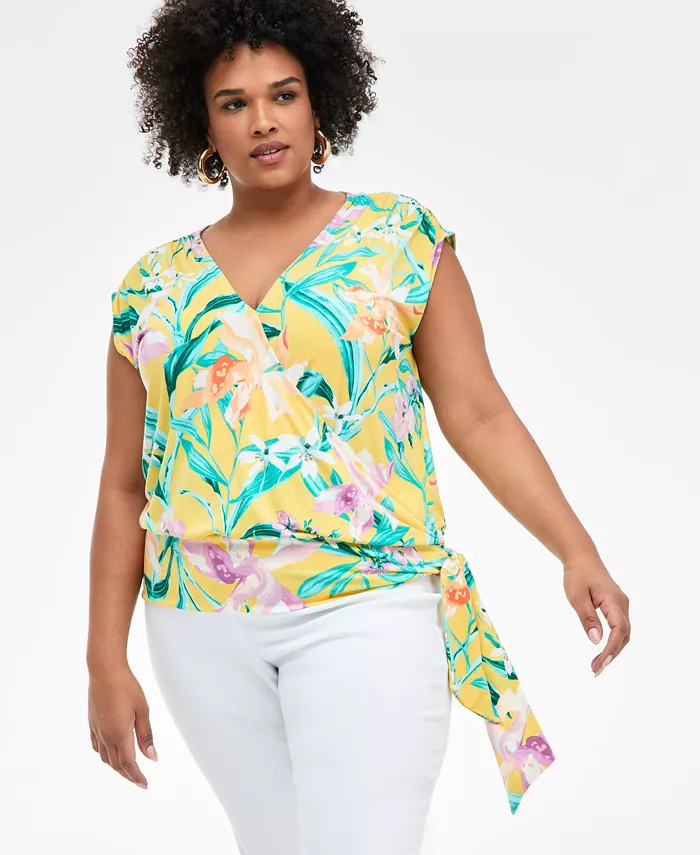 

Блузка с принтом и запахом, с боковыми завязками и укороченными рукавами больших размеров I.N.C. International Concepts, мультиколор