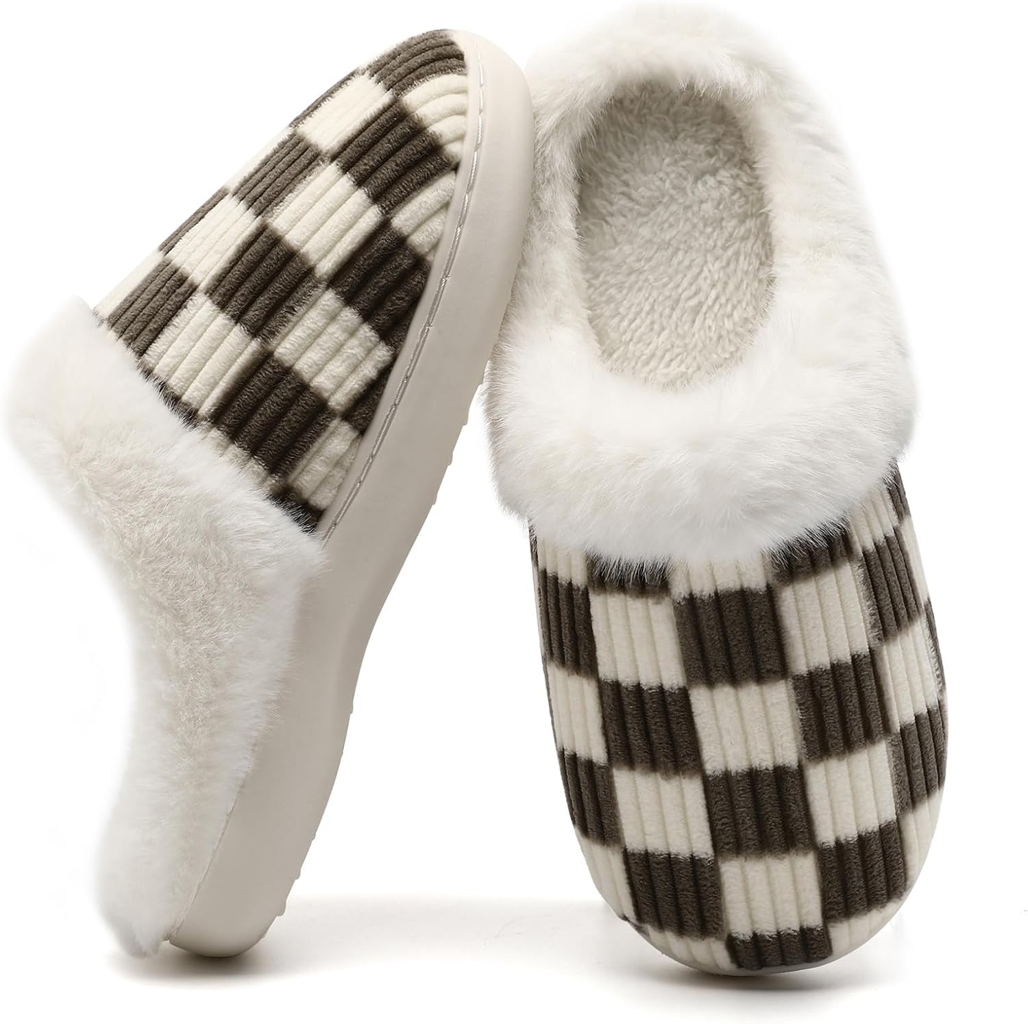 

Домашние тапочки Yueerlu для женщин и мужчин, мягкие клетчатые тапочки для мужчин и женщин с теплой подошвой из мемори-пены, для дома и улицы с подкладкой из искусственного меха, Fuzzy Coffee