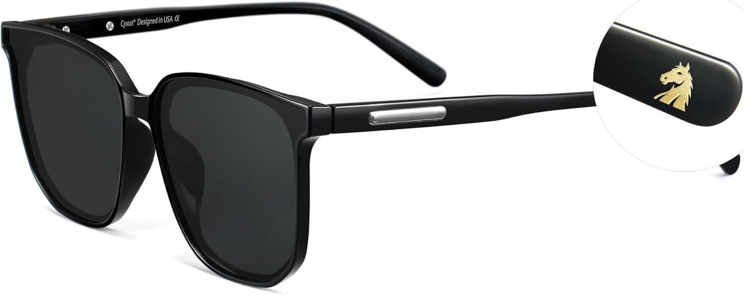 

Солнцезащитные очки Cyxus с поляризованным стеклом, модель «Лошадь 2026 года», для женщин и мужчин, с золотым зодиакальным рисунком на дужках, стильная защита от УФ-излучения UV400, 00-oversized-black-1711