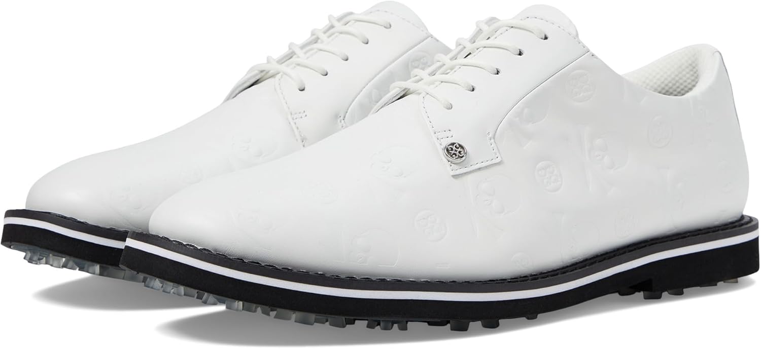 

Мужские гольф-кроссовки G/FORE Gallivanter с тисненым черепом и буквами на коже, Snow/Onyx