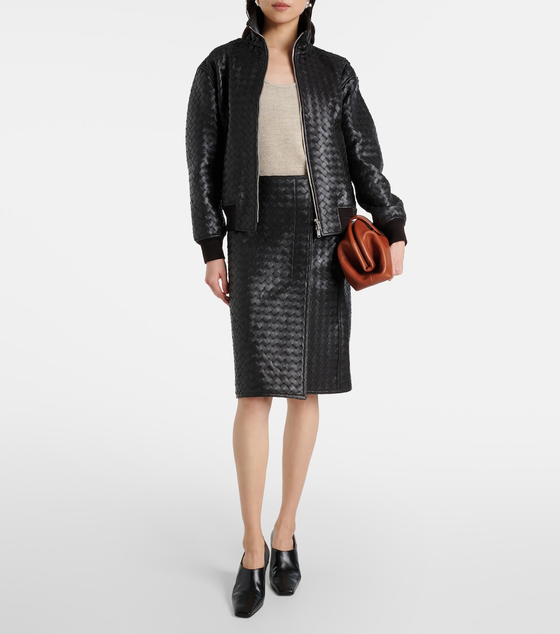 Юбка миди из кожи Intrecciato Bottega Veneta, Fondant — фото 2