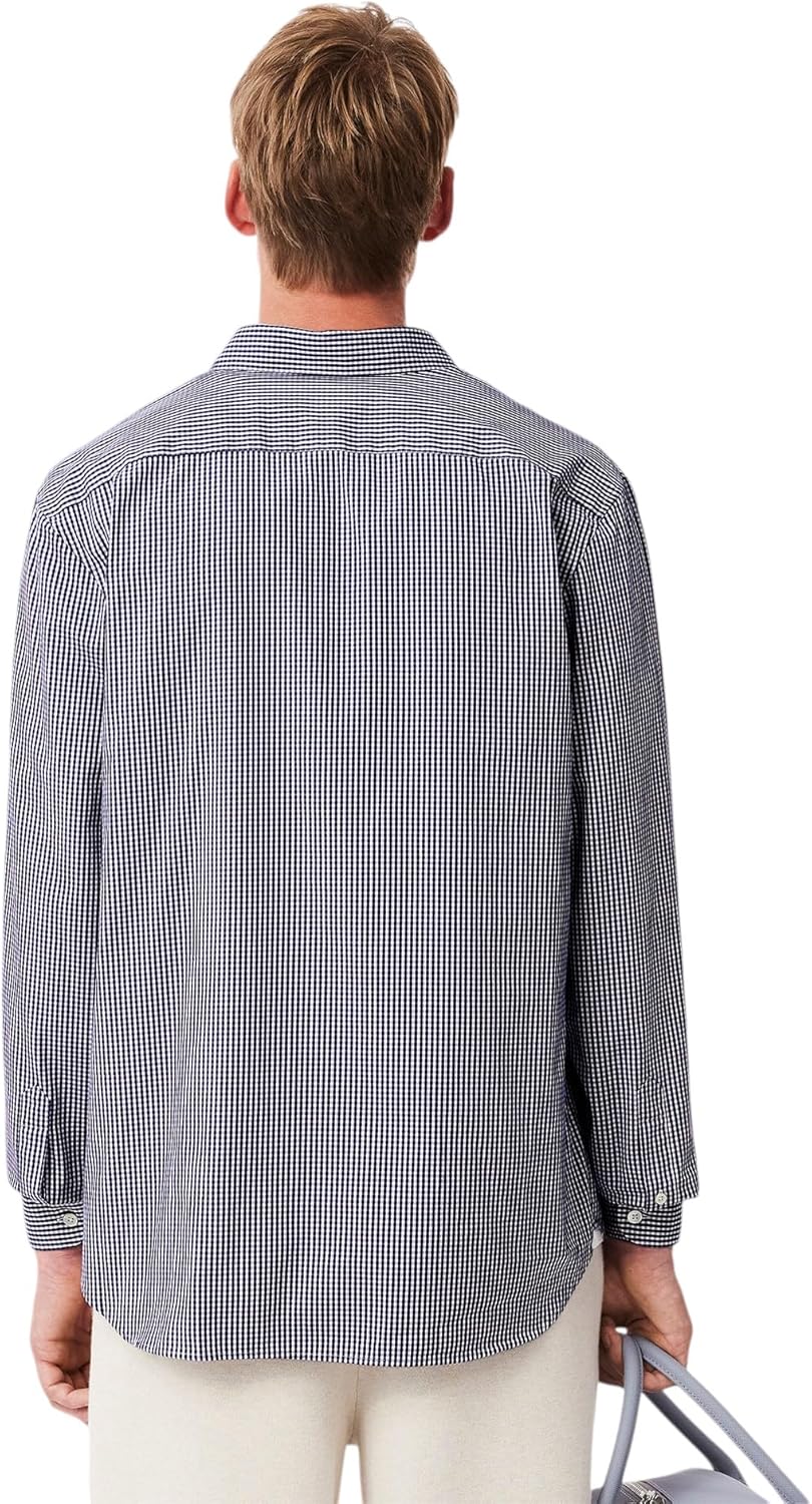 Lacoste мужская длинная рубашка в клетку Gingham на пуговицах, White/Navy Supima Cotton — фото 3