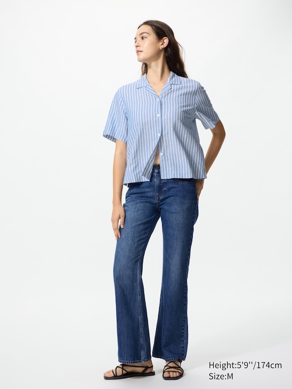 Рубашка из смесового льна с открытым воротником, короткий рукав (в полоску) Uniqlo, 52 green — фото 2