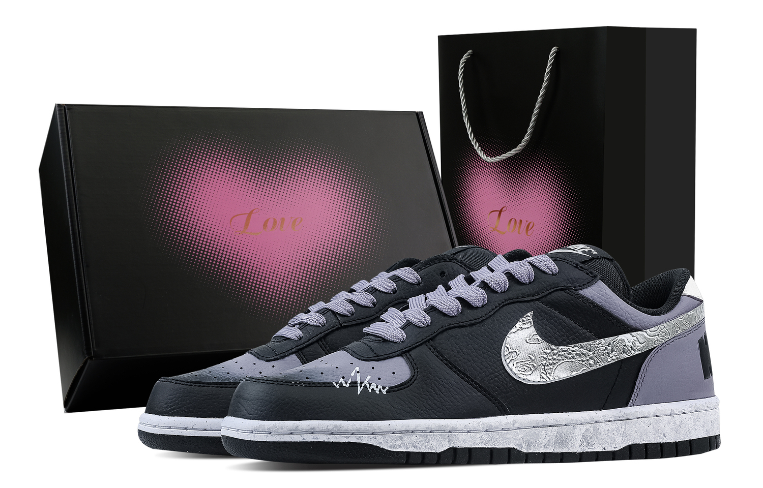 

Большие чернила серебряный дракон узор, Heart Box устойчивый к истиранию дышащий низкий верх скейтборд обувь мужские черный фиолетовый Nike, черный фиолетовый