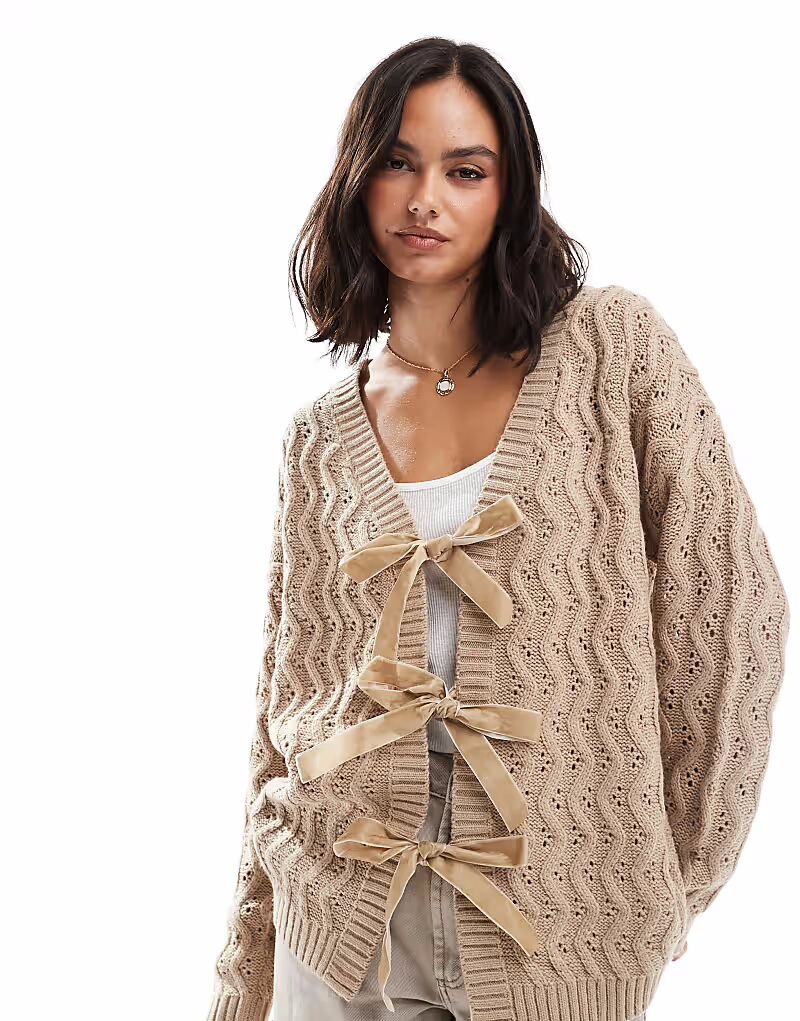 

Удлиненный кардиган Miss Selfridge с косами и бархатным бантом цвета верблюжьей шерсти