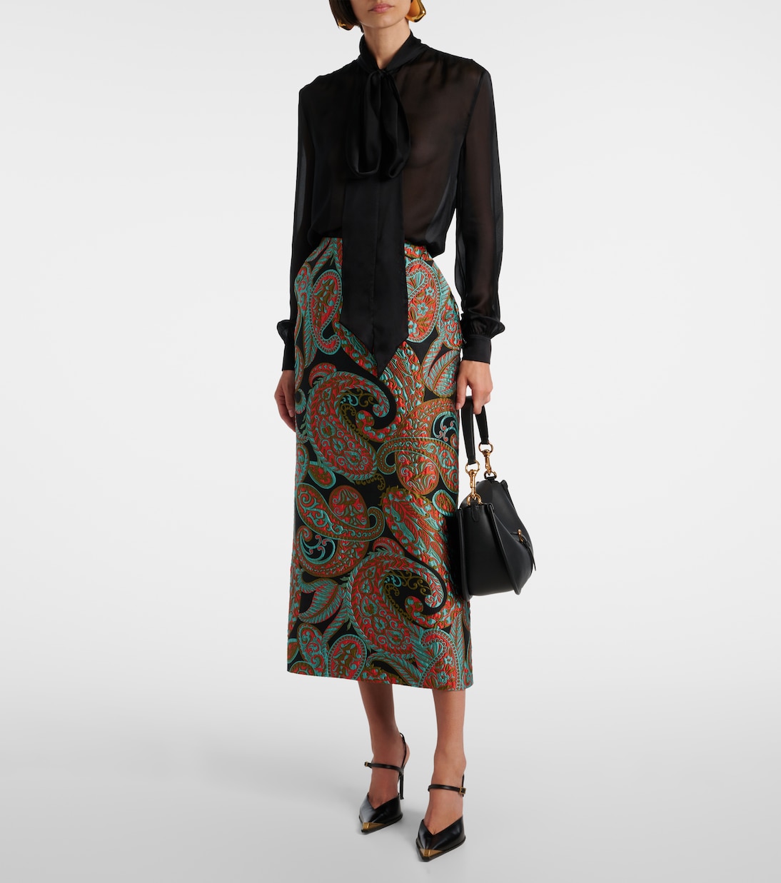Юбка миди с жаккардовым узором пейсли Etro, Multicolour On Black — фото 2