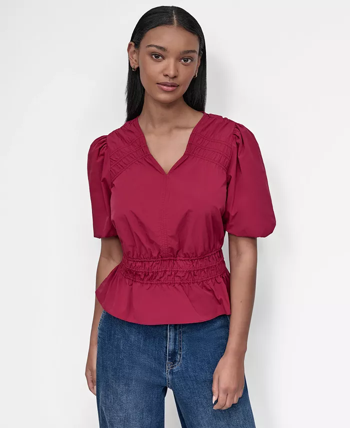 

Женский топ с V-образным вырезом, пышными рукавами и баской DKNY, красный