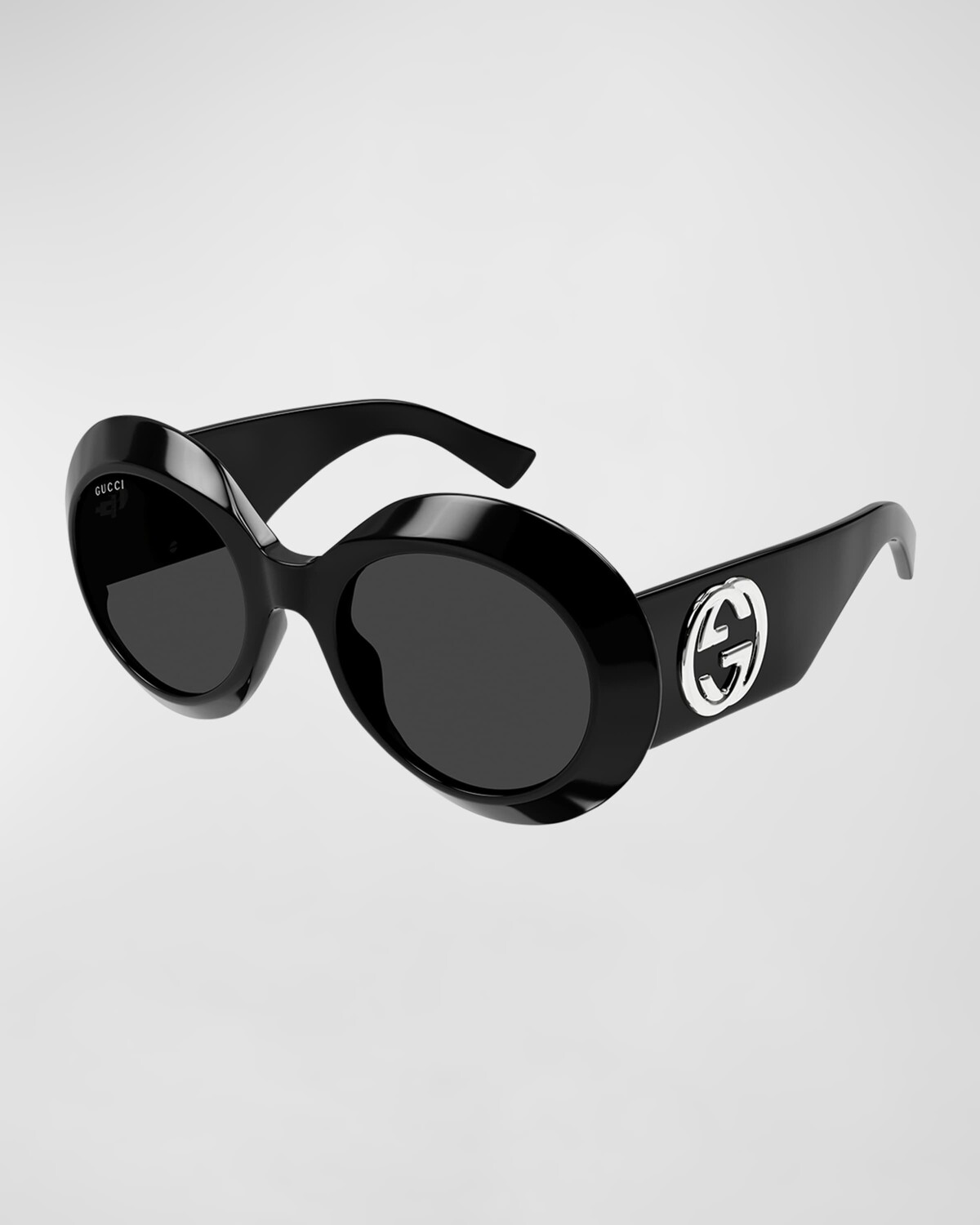 

Круглые солнцезащитные очки из ацетата со скошенной кромкой Gucci, цвет Shiny Solid Black