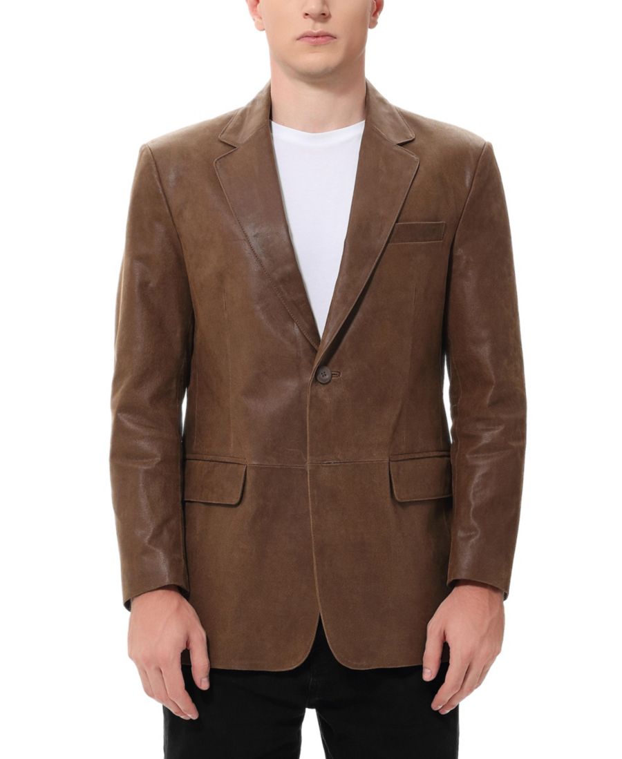

Мужской классический двубортный кожаный блейзер с эффектом потертости BGSD, Distressed tawny brown