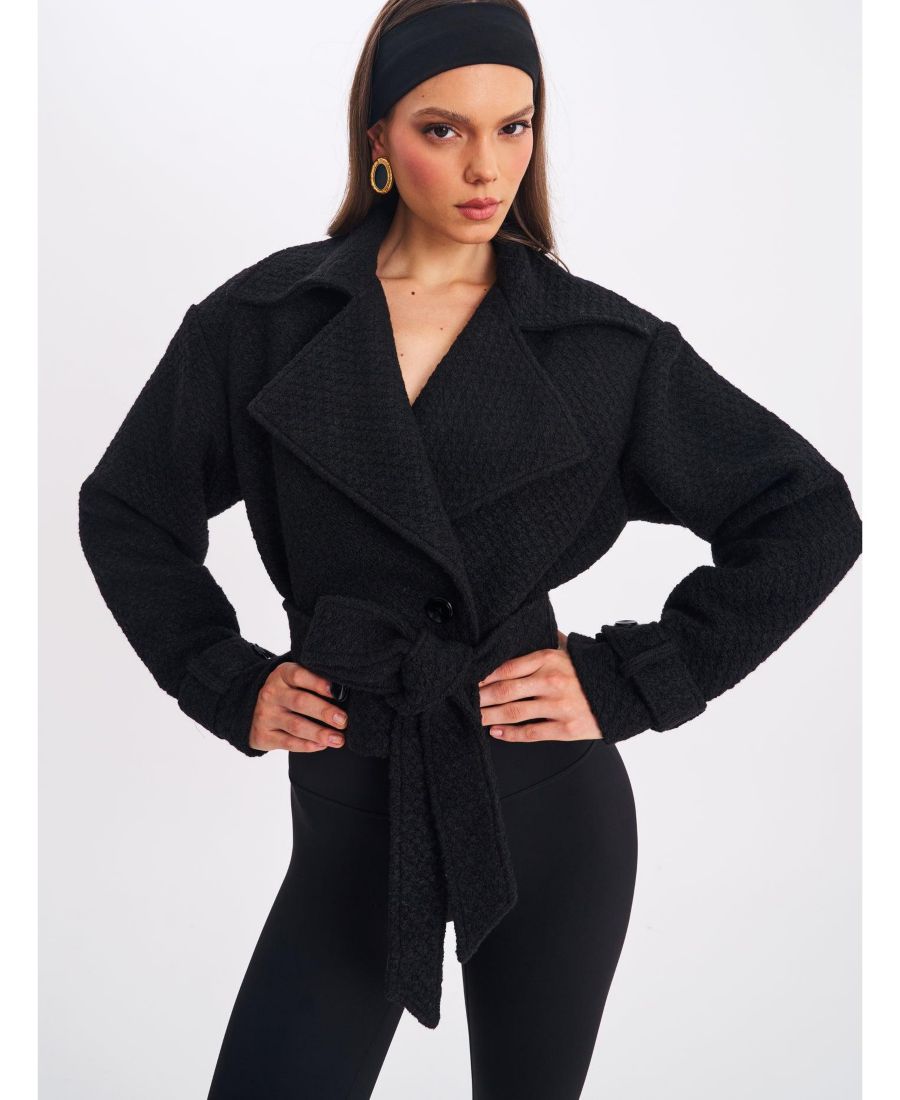 

Женское укороченное двубортное пальто Dara из черной шерстяной смеси с поясом Miss Circle, Black