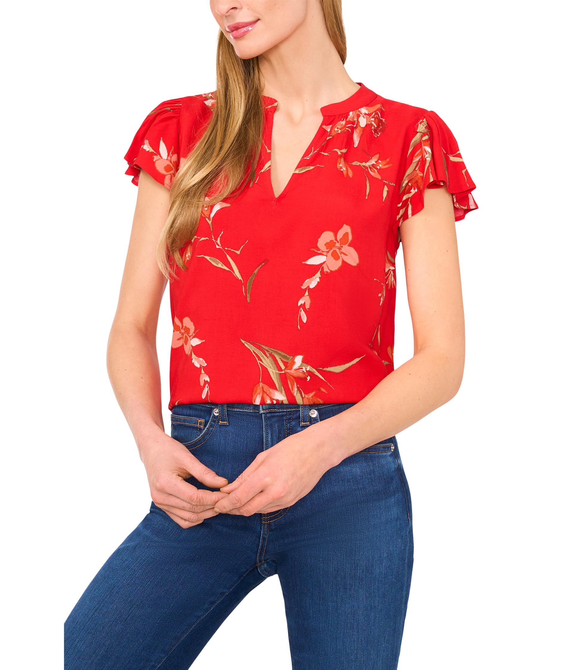 

Блуза CeCe V-Neck Shirred Neck Flutter Sleeve Blouse, Fiery Red