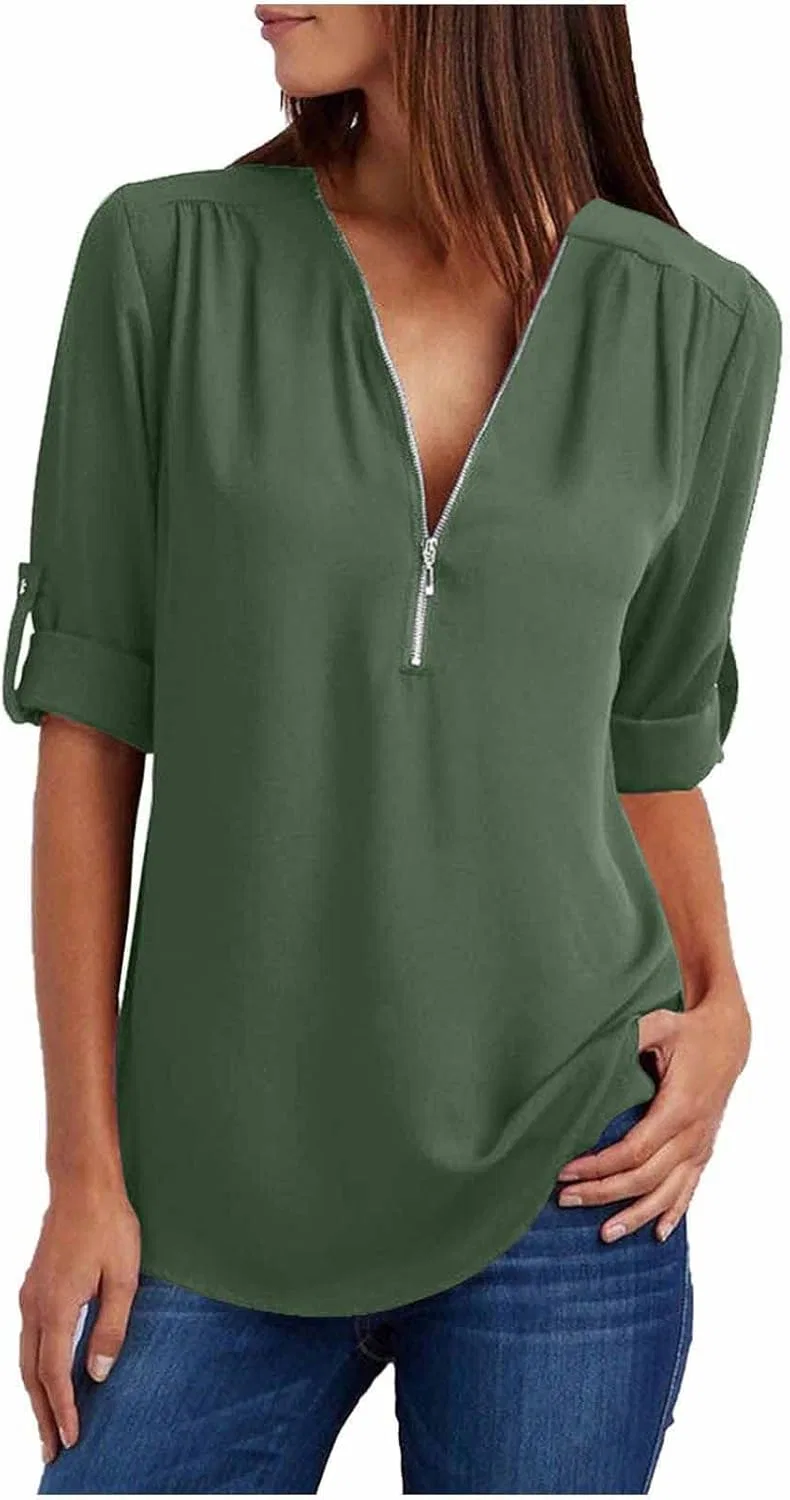 Generic Going Out Tops for Women Causal Dressy Solid 3/4 Sleeve Half Zip Semi Formal Work Shirt Elegant Ladies Summer Clothes, #F01-Army Green
