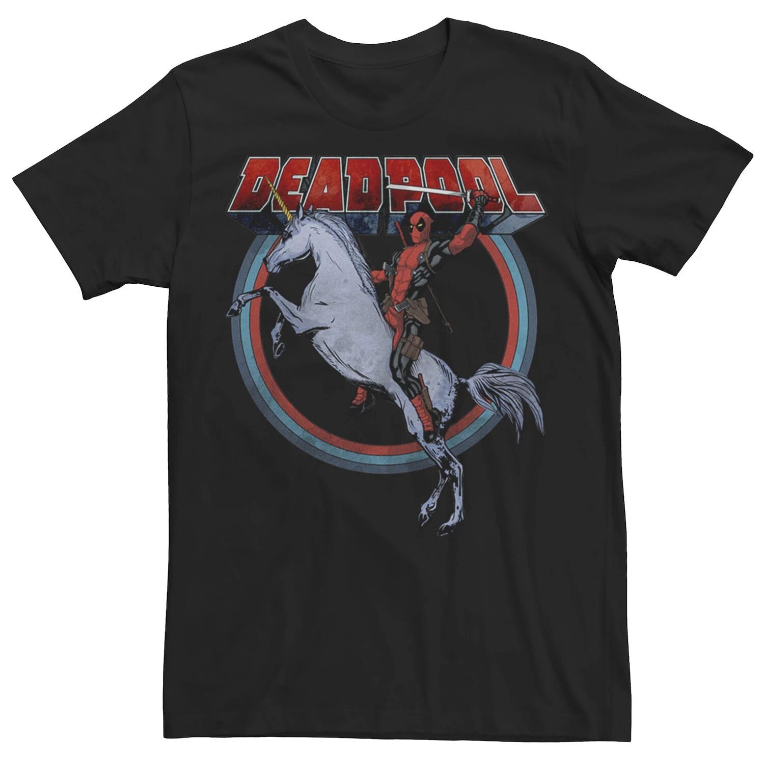 

Мужская футболка Deadpool Riding A Unicorn Circle Marvel, черный