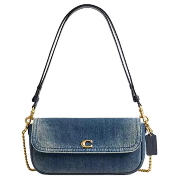 

COACH Джинсовая сумка через плечо среднего размера с отделкой из телячьей кожи для женщин, цвет Brass & Dark Indigo