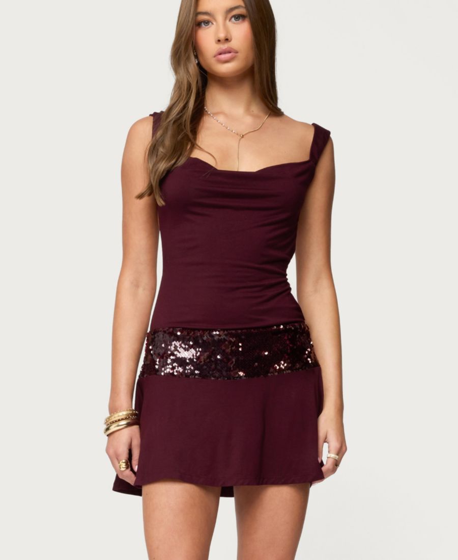 

Женское мини-платье с пайетками, открытой спиной и воротником-хомутом Edikted, Burgundy