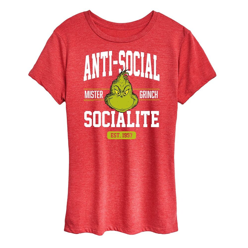 

Женская футболка с рисунком Dr. Seuss The Grinch Anti Social Socialite Licensed Character, цвет Heather Red