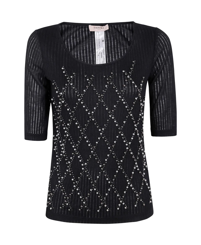 

Рубашка с узором из черных ромбов и колье Twinset, черный