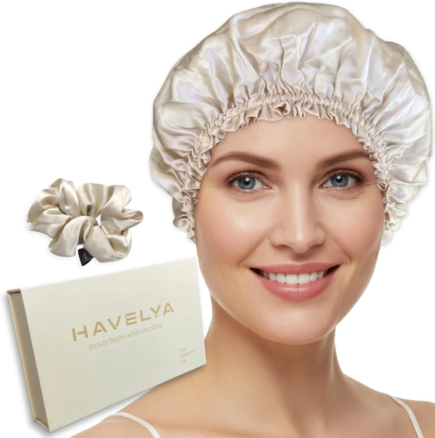 Шелковая шапочка для сна из 100% тутового шелка (22 момме 6A) Havelya, Champagner