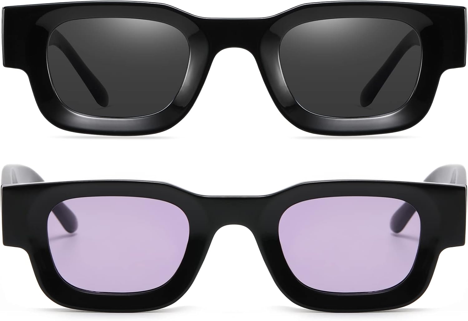 

Современные прямоугольные солнцезащитные очки AIEYEZO для женщин и мужчин в стиле ретро 90-х, массивные квадратные поляризованные солнцезащитные очки с защитой UV400, 2 Pack (Black + Black/Ocean Purple)
