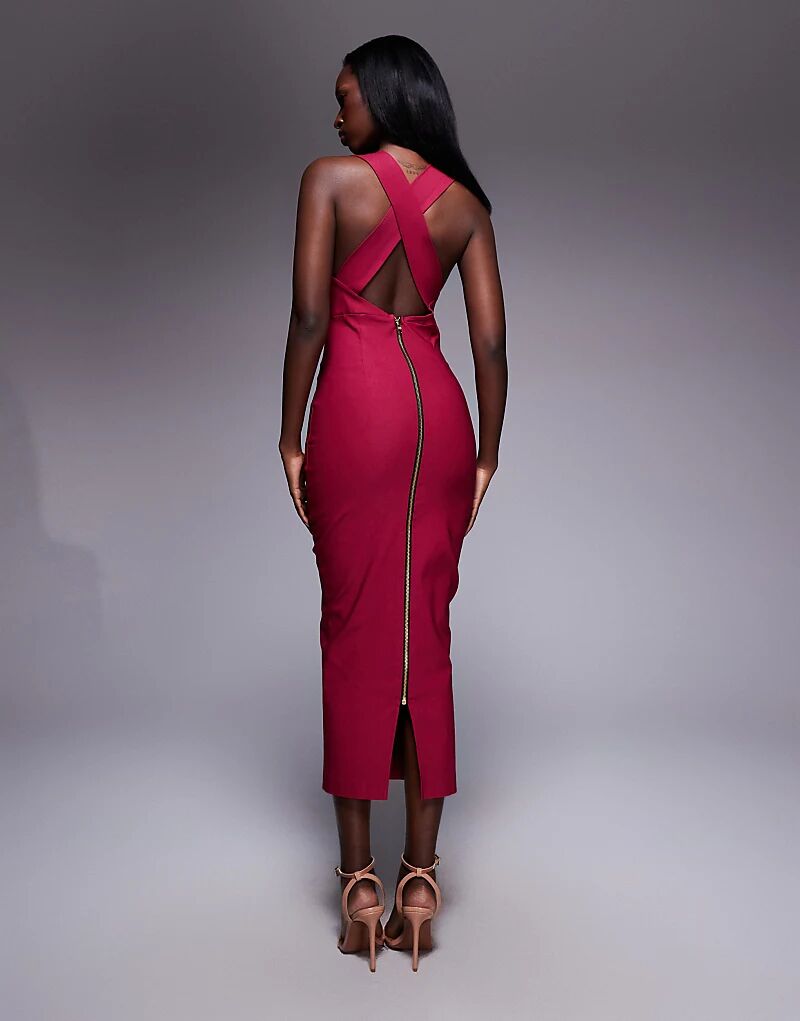 

Платье Vesper Plunge Bodycon midaxi с глубоким вырезом и перекрещивающимися бретелями малинового цвета