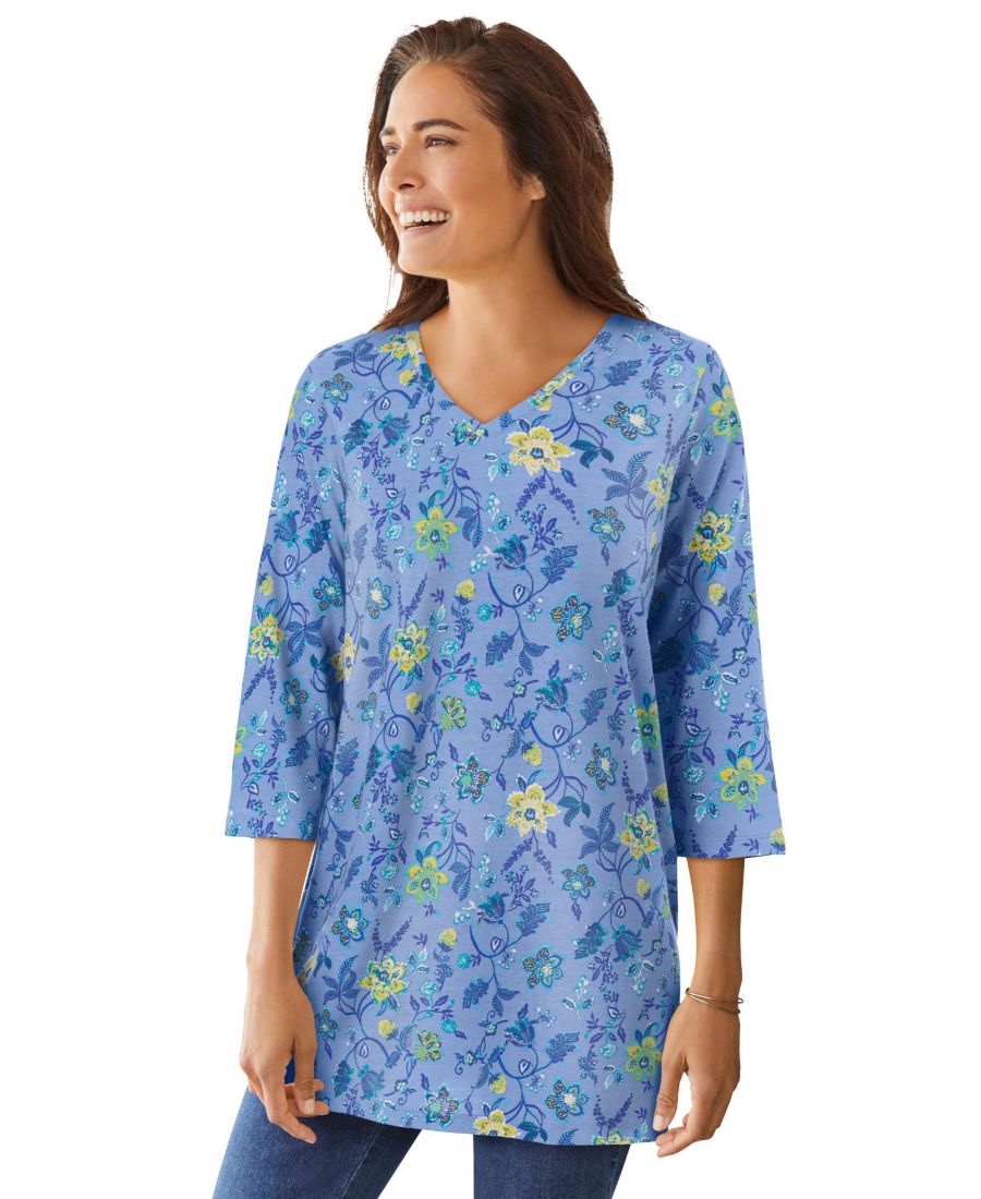 

Туника большого размера с принтом, рукавами три четверти и V-образным вырезом Woman Within, French blue jacquard floral