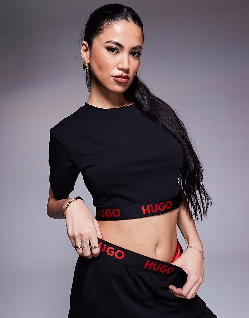 

Футболка Hugo Red co-ord для дома черного цвета с красным логотипом на поясе
