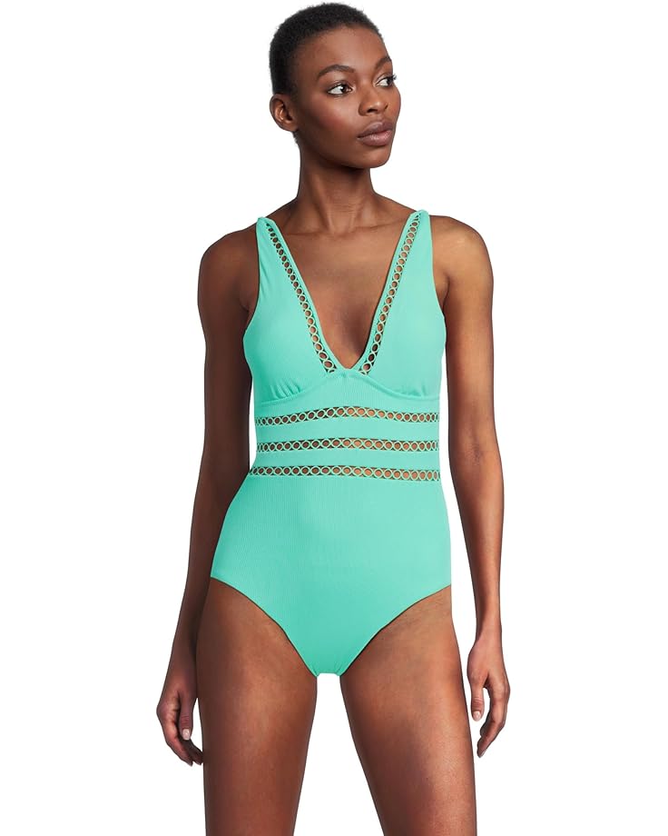

Купальник BECCA Modern Edge Rib Toni Plunge One Piece, цвет Aqua Sea