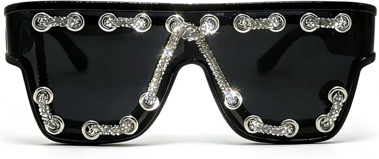 

bullabulling Модные солнцезащитные очки в стиле панк Y2K без оправы с блестящими стразами, готические и стимпанк очки большого размера в стиле «цельный футляр», Black/Silver