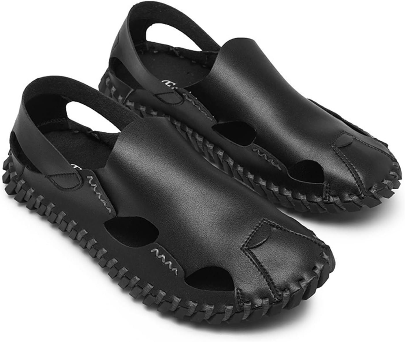 

Мужские рыбацкие сандалии, ручная прошивка, с закрытым носком, удобные, на плоской подошве, для пляжа, прогулок летом и повседневного ношения на улице Dmgyck, черный