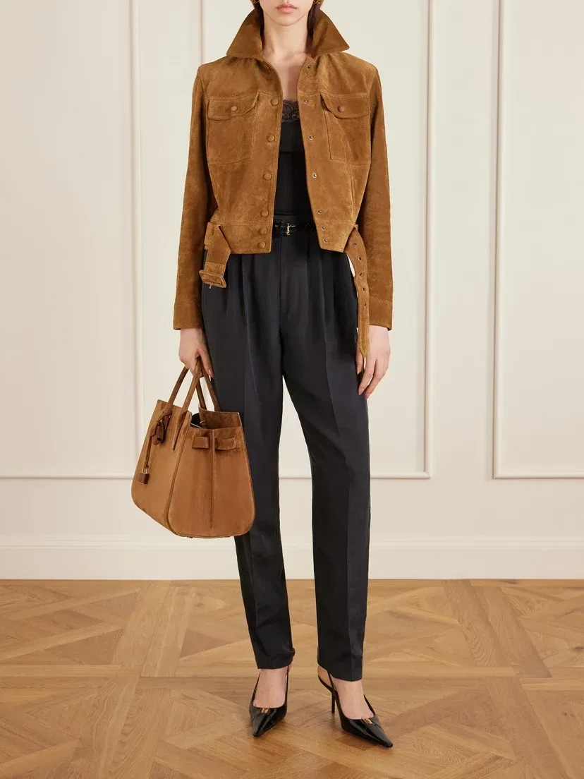 Плиссированные брюки прямого кроя из шелка-хаботая SAINT LAURENT, бордовый — фото 2
