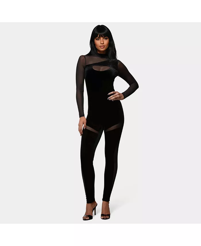 

Женский комбинезон Bebe X Ciara из велюра и сетки, черный