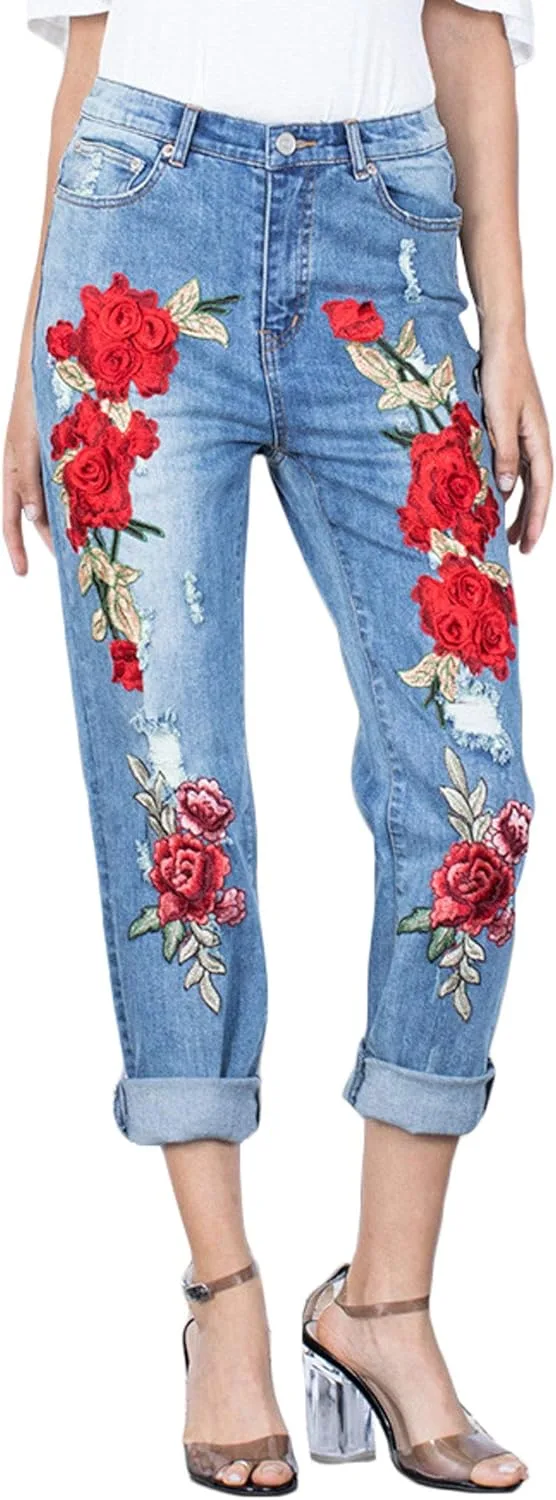 

GGUHHU Женские джинсы-капри с цветочной вышивкой и потертостями