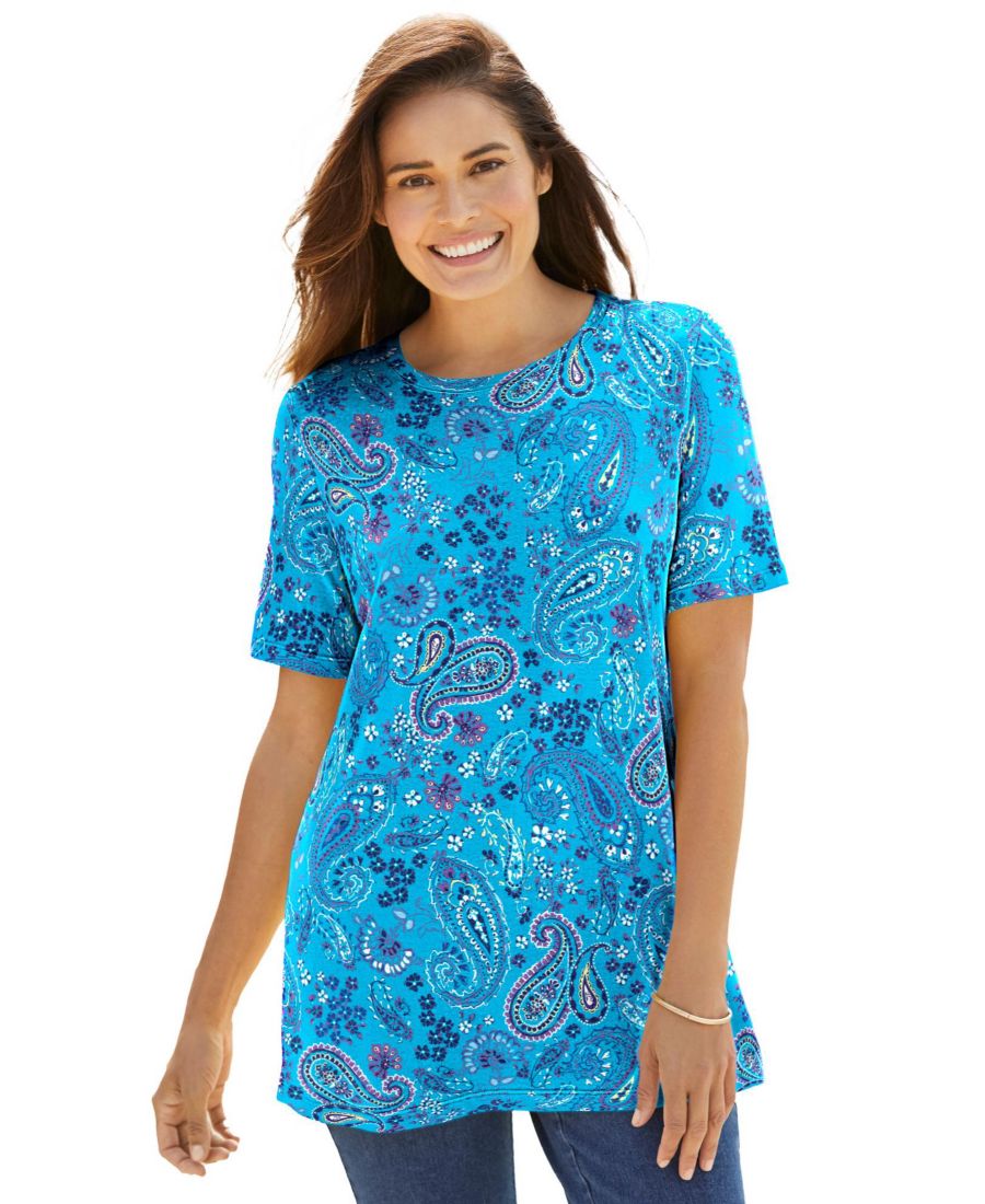 

Женская футболка Within Tops & Tees с коротким рукавом и круглым вырезом, с принтом Woman Within, Pretty turquoise paisley, Синий, Женская футболка Within Tops & Tees с коротким рукавом и круглым вырезом, с принтом Woman Within, Pretty turquoise paisley