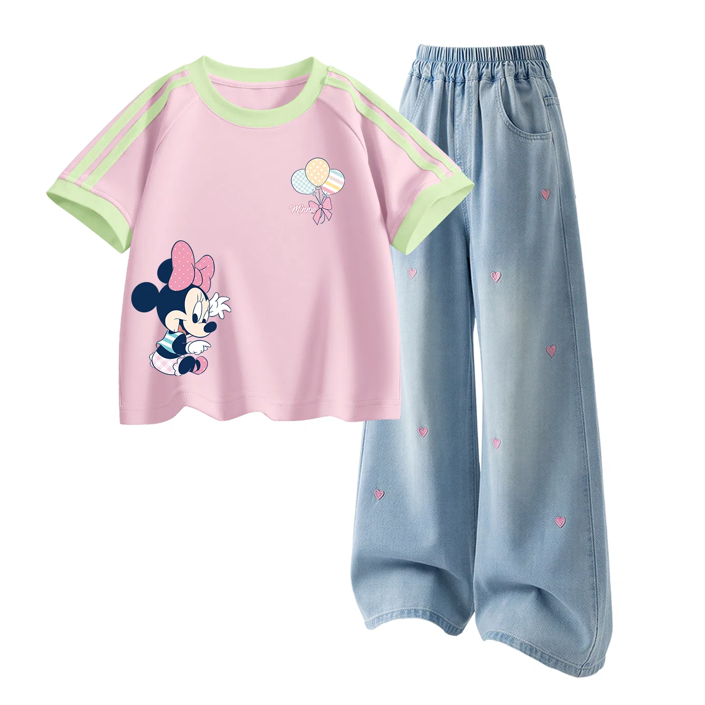 Детская повседневная спортивная футболка с круглым вырезом Disney, Delo Play Mousse Pink+Solid Color Denim Light Blue